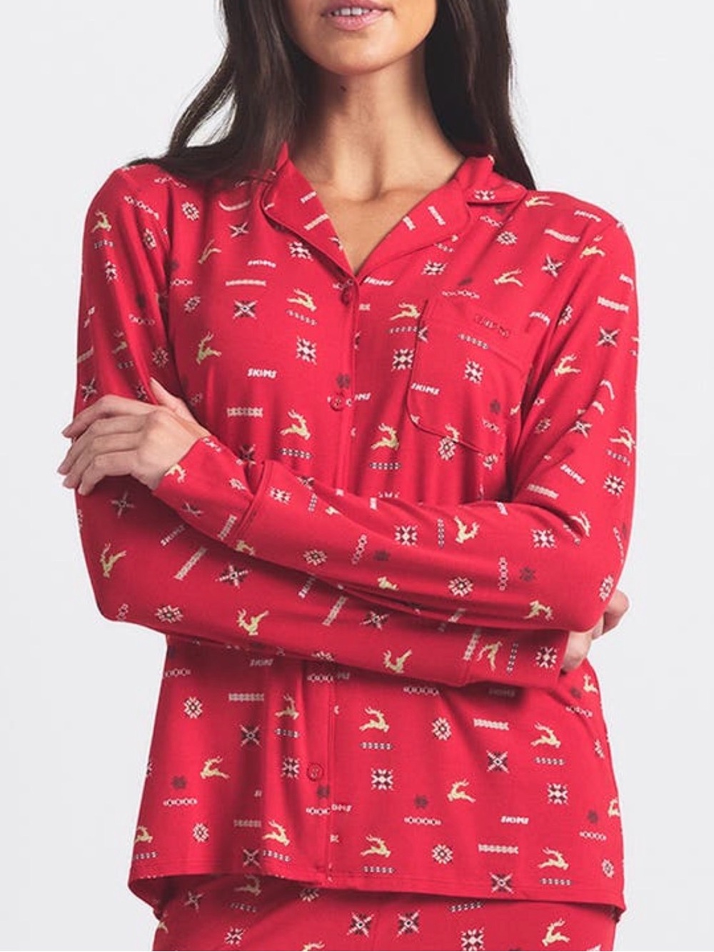 Skims Modal Blend Reindeer Christmas Pajama Button Down Top